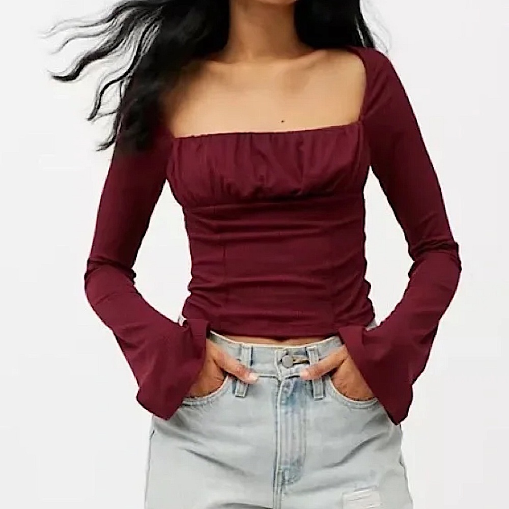 NWT UO Ruched Square Neck Hallie Top - Burgundy/Maroon Y2K